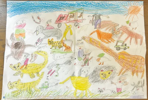 「みんななかよしどうぶつえん」さとう あさひくん（6歳）★どうぶつたちとこどもがなかよくあそべるどうぶつえんをかいたよ！